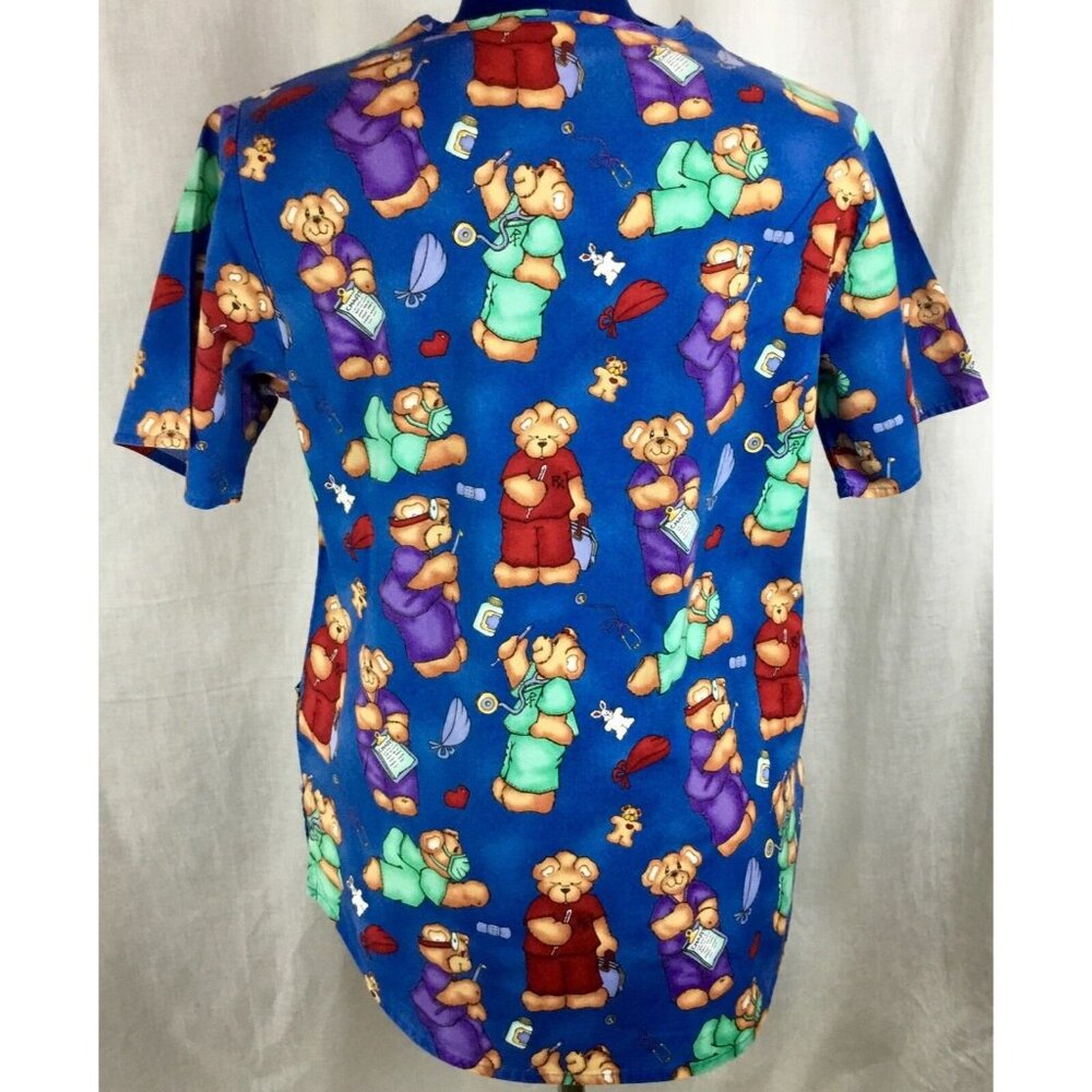 Apple Life Scrub Top Womens M Blue Bear Dr Nurse Print Medical Uniform Shirt VTG - Picture 3 of 11